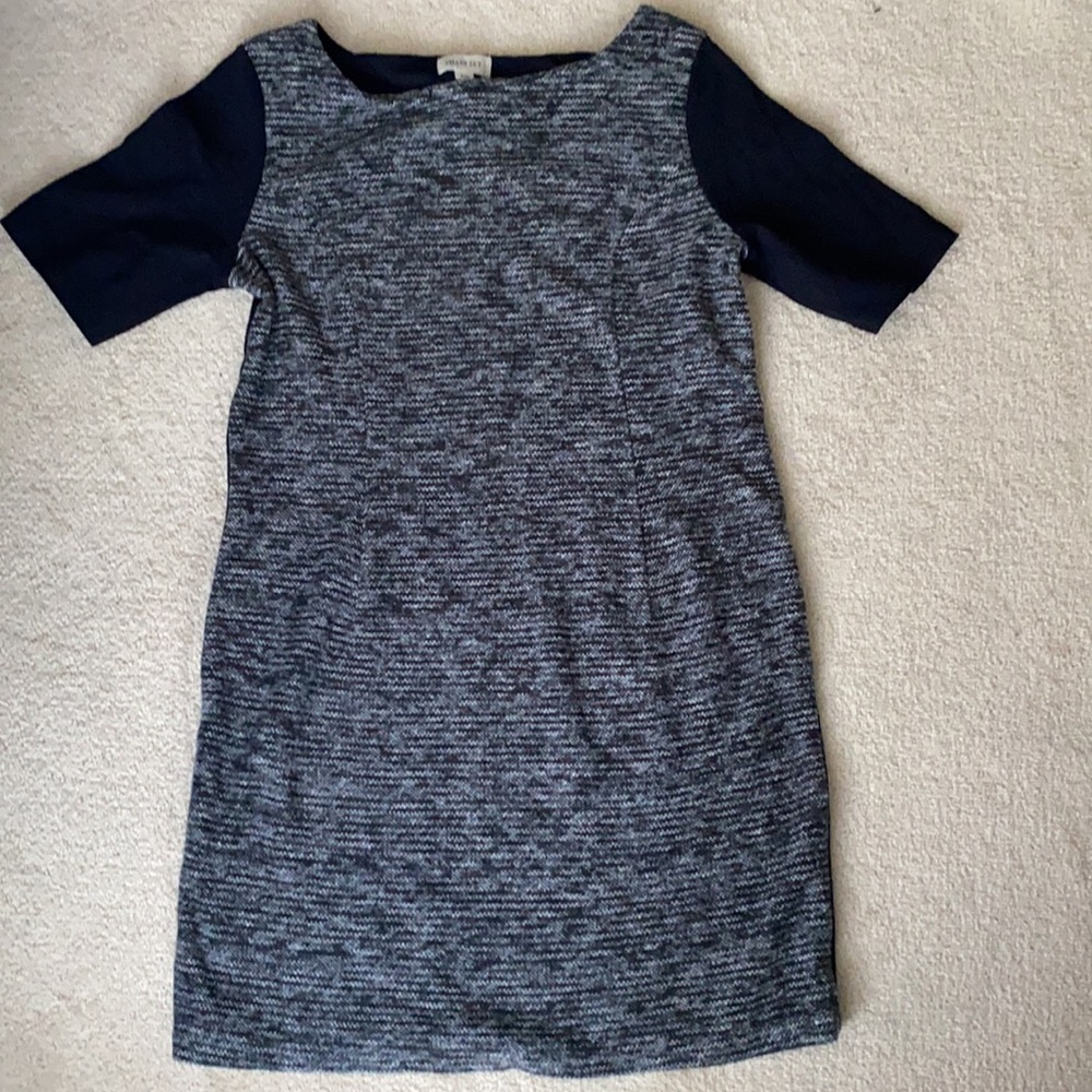 Smart Set Work Dress. Grey Textured fabric with black sleeves.